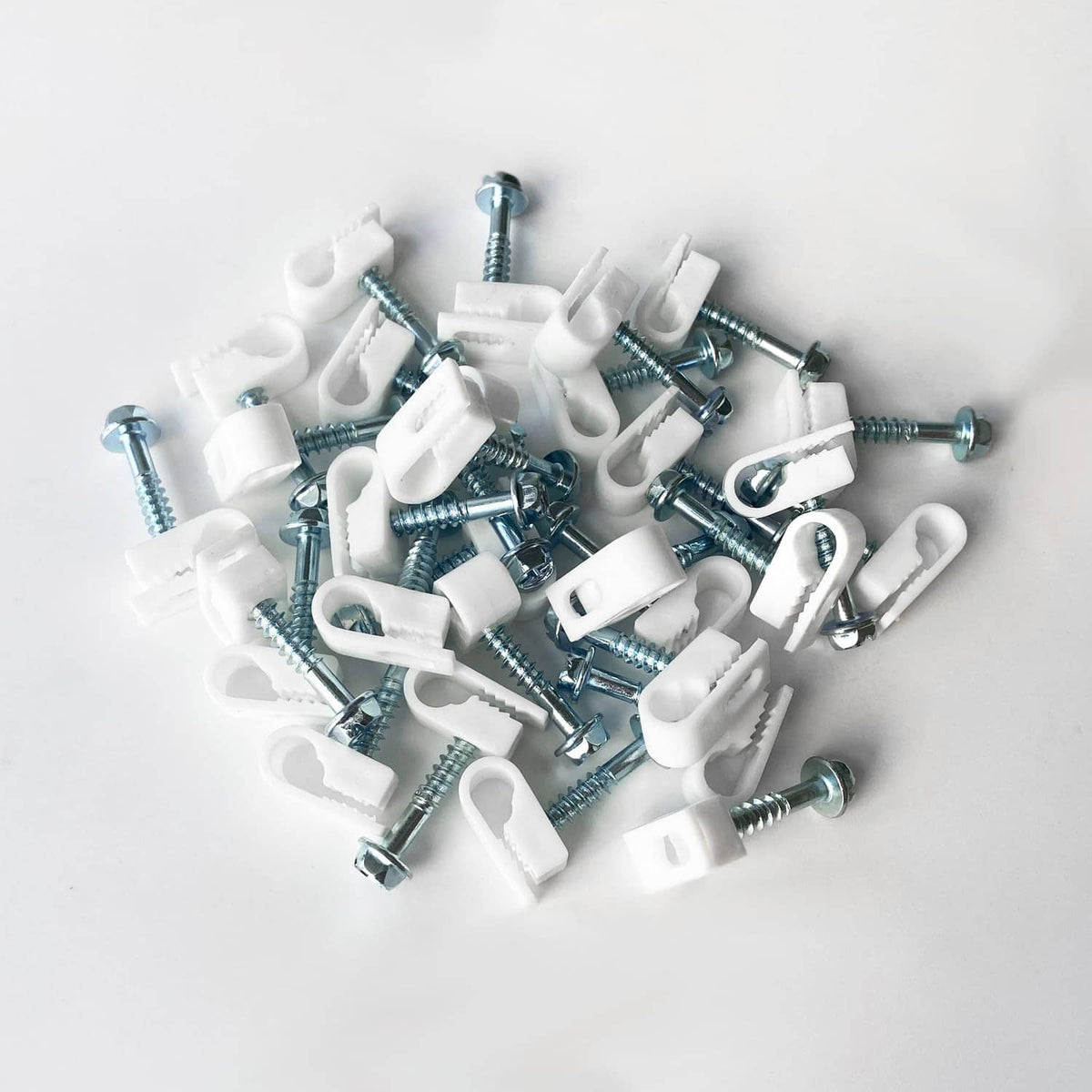 White round cable clips with screws for securing ethernet cables