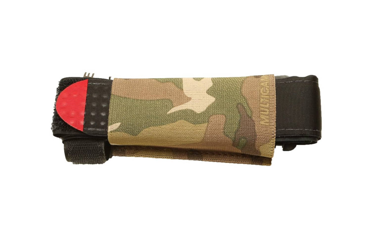 Multicam elastic tourniquet pouch with red end panel and belt mounting strap