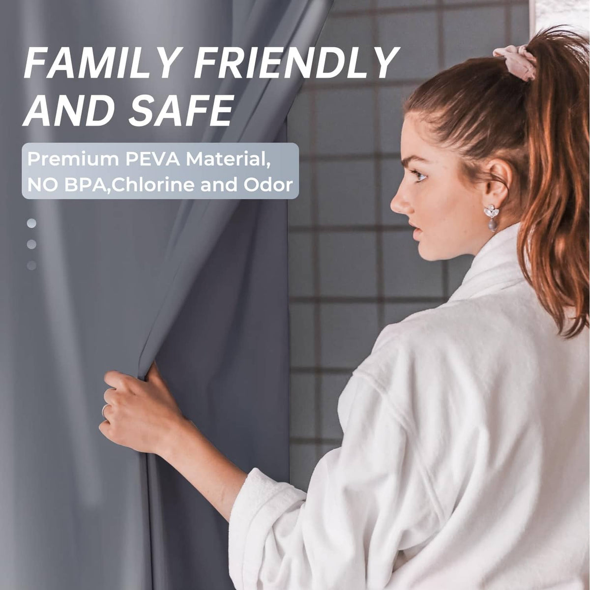 Dark grey shower curtain liner with smooth surface for bathroom use