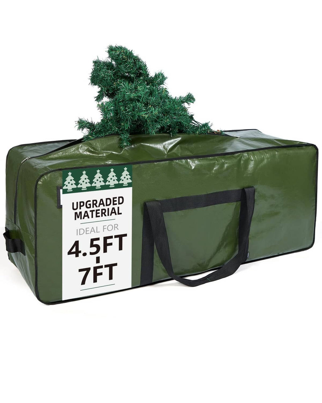Green Christmas tree storage bag with handles and shoulder strap, padded cover.