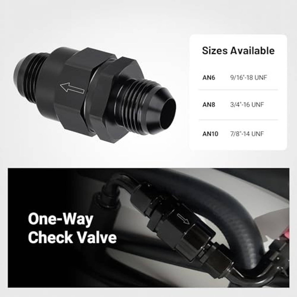 One-way check valve fitting with AN6, AN8, and AN10 thread size options shown