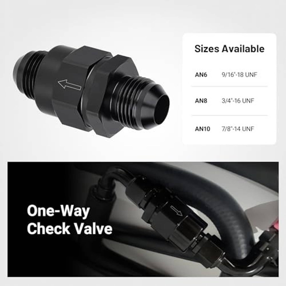 One-way check valve fitting with AN6, AN8, and AN10 thread size options shown
