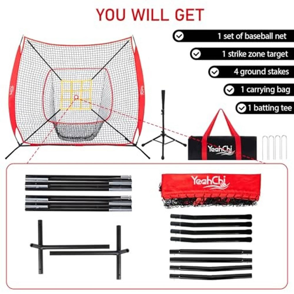 Baseball training net kit with red strike-zone target, batting tee, stakes, and carry bag