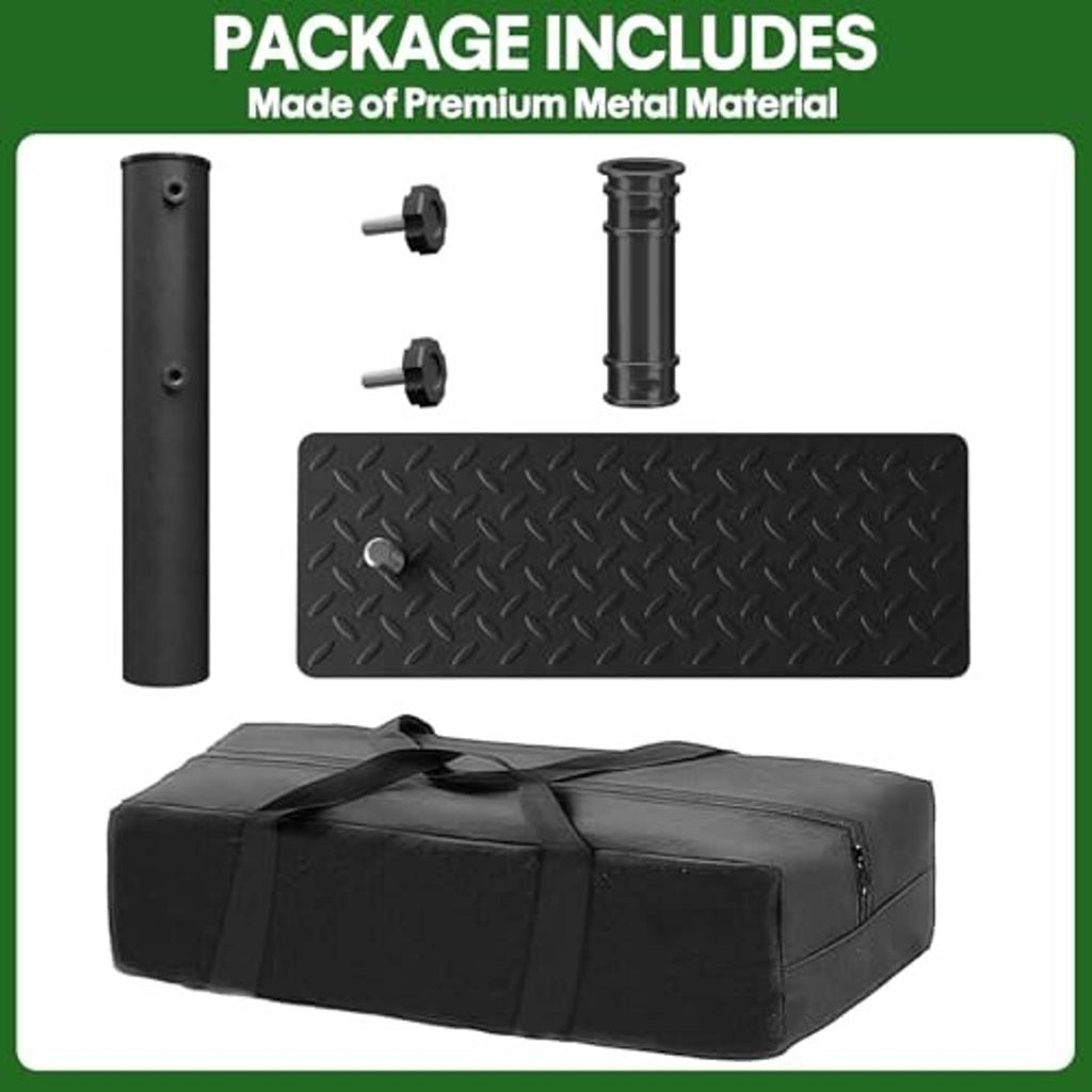 Package contents: black tire-mount flagpole holder pole, clamp knobs, diamond base, and bag