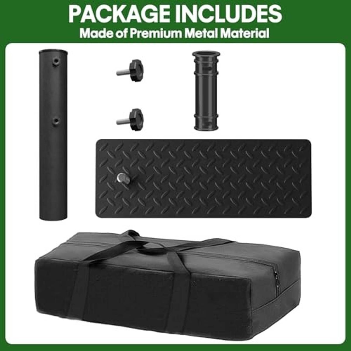 Package contents: black tire-mount flagpole holder pole, clamp knobs, diamond base, and bag