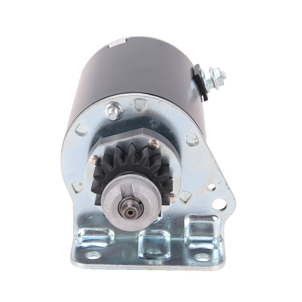 Small engine starter motor front view with black cover, pinion drive and base bracket