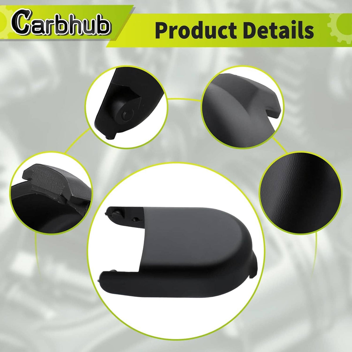 Windshield wiper arm cap covers, black with mounting holes, close-up detail, set of 2