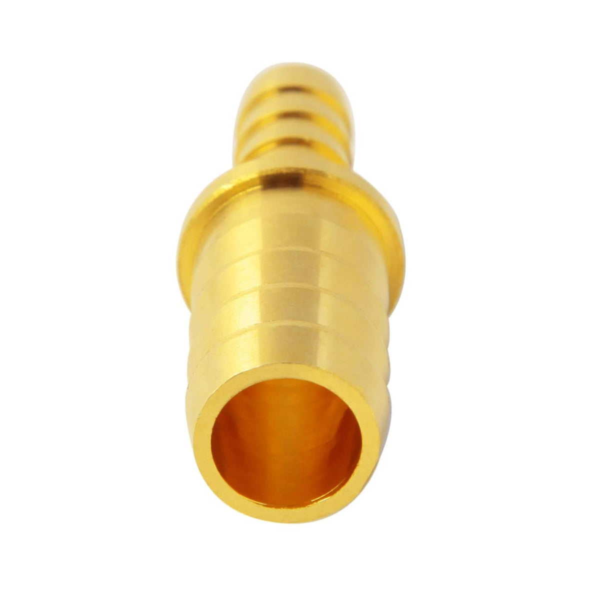Brass hose barb reducer coupler, close-up of the barbed hose-end opening