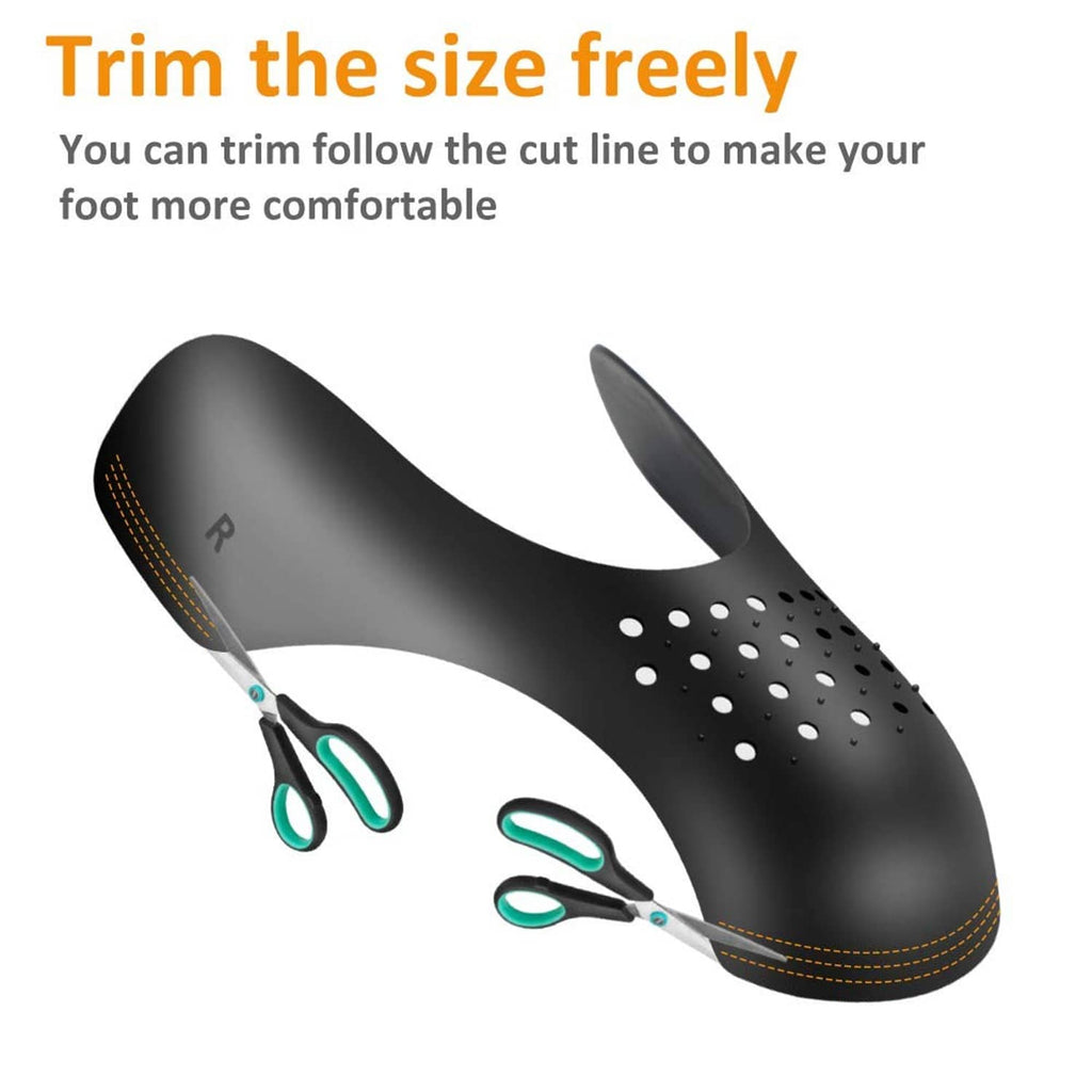 Black shoe crease protector insert with perforations and trimming edge line for fit.