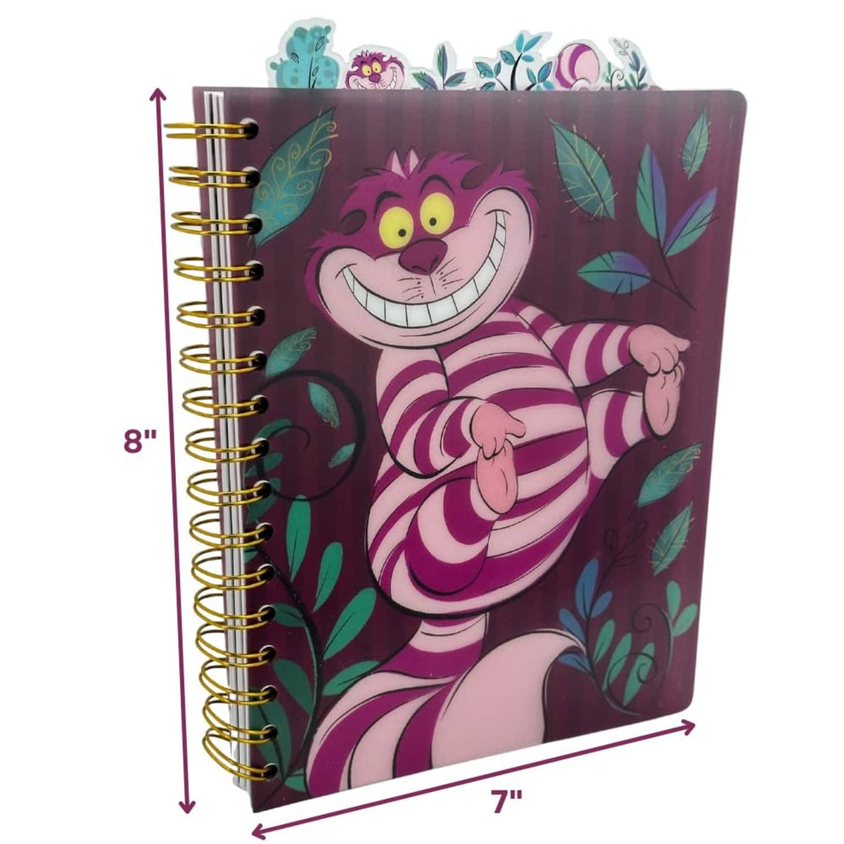 Spiral bound lined notebook shown front, featuring Cheshire Cat in purple stripes