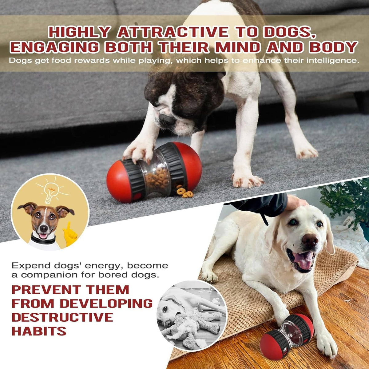 Red and black treat-dispensing puzzle slow feeder toy on floor with visible kibble