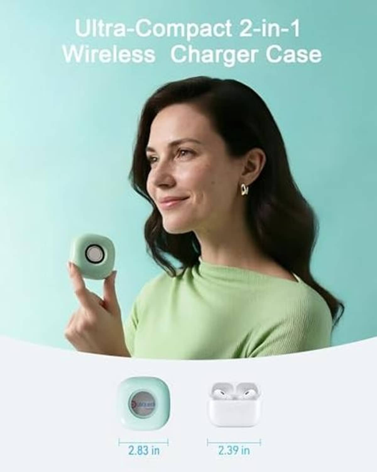 Ultra-compact teal charging case in hand with small charging puck opening