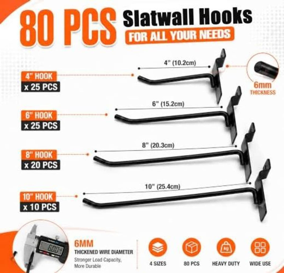 80-pack slatwall hooks set graphic, heavy-duty 4, 6, 8, and 10 inch sizes