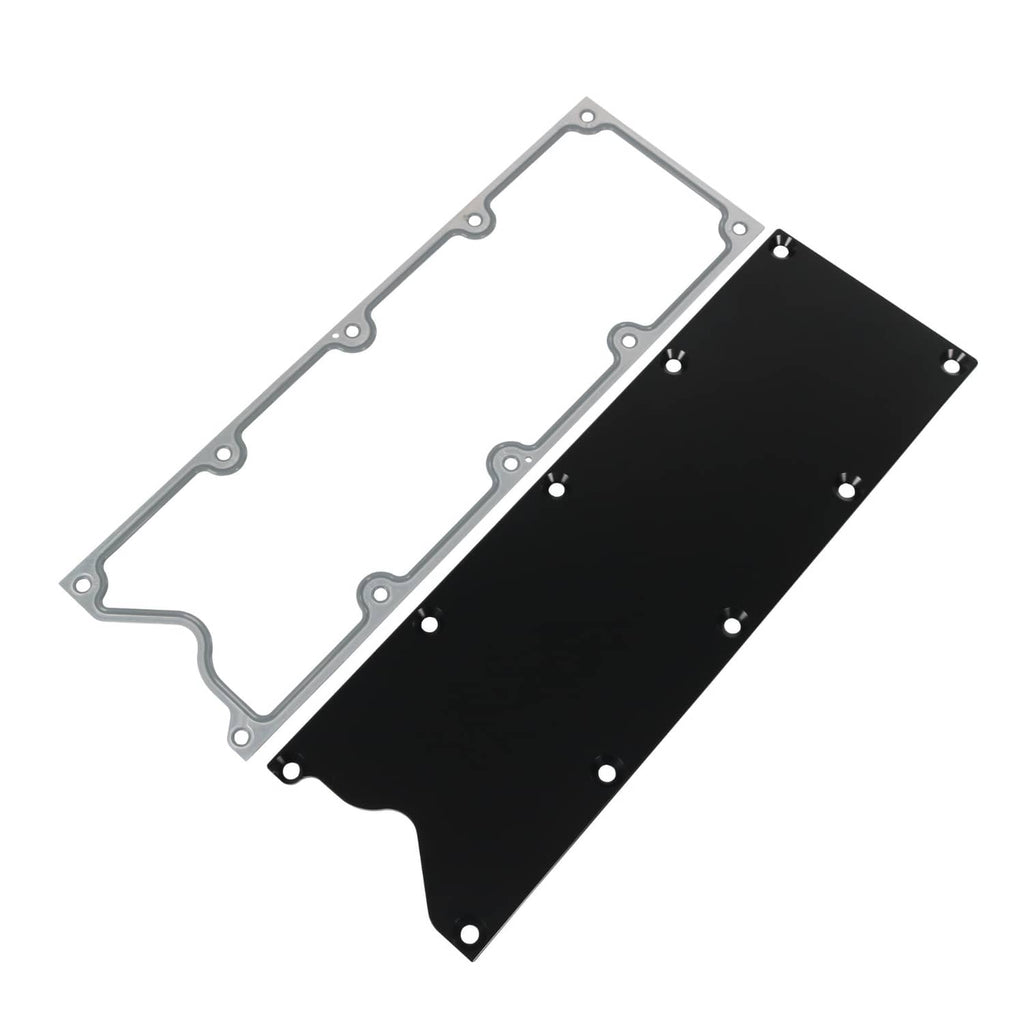 Black valley cover plate with silver gasket and bolt holes, angled view