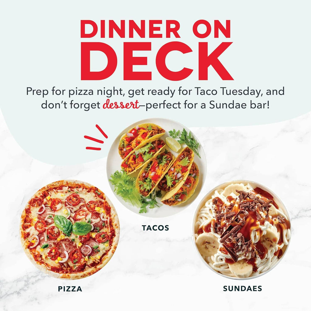 Prepared meal trio featuring pizza, tacos, and sundae bowls with toppings