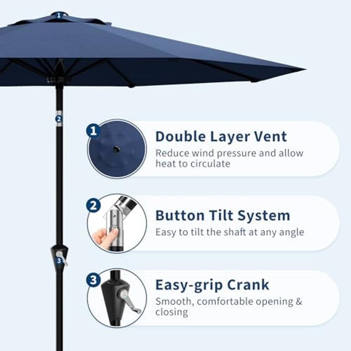 Navy patio umbrella with tilt top and visible crank mechanism on black pole