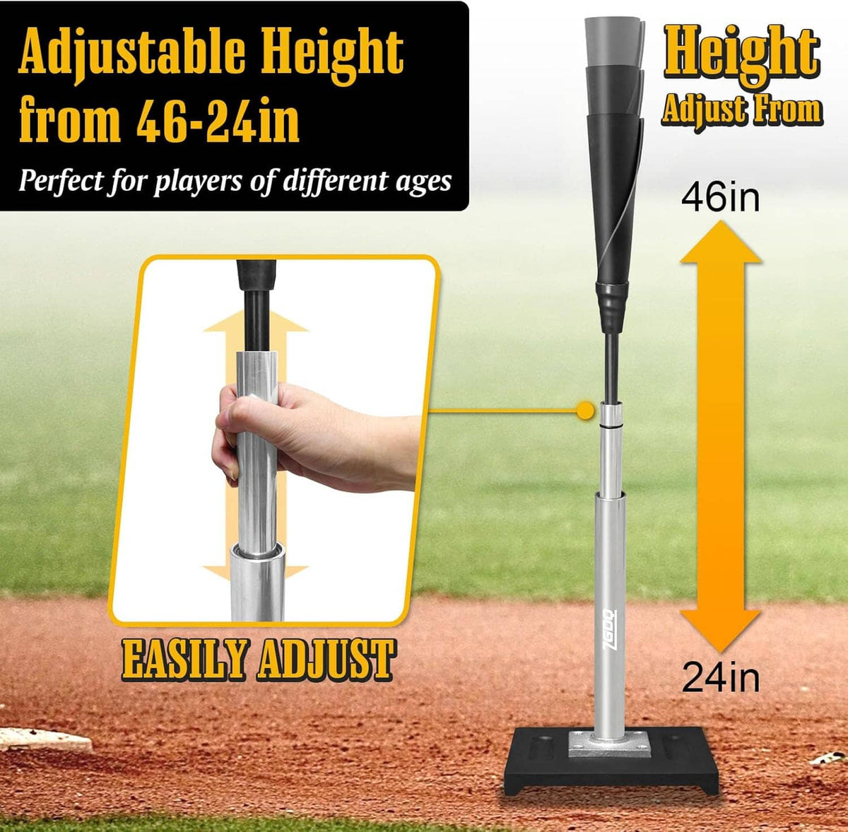 Height-adjustable baseball batting tee with silver pole and black rubber top