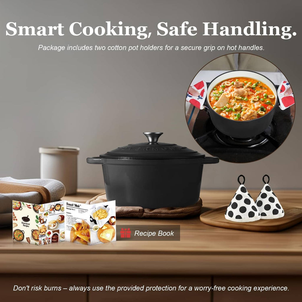 Graphite gray enameled Dutch oven with lid, two cotton pot holders and recipe book