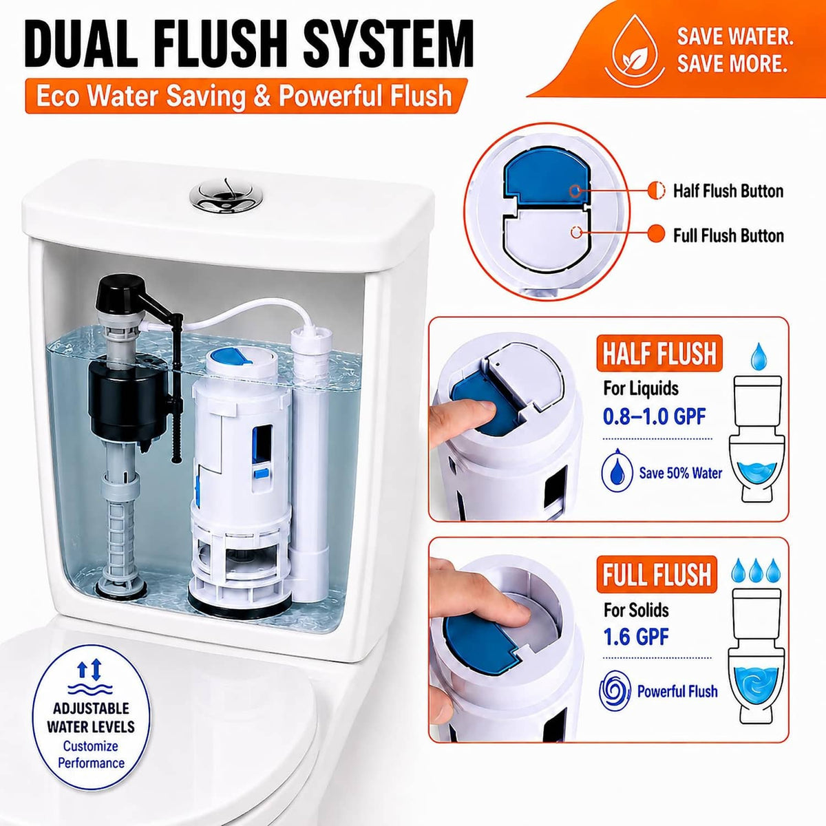 Dual flush valve assembly on toilet tank with two-button flush system components