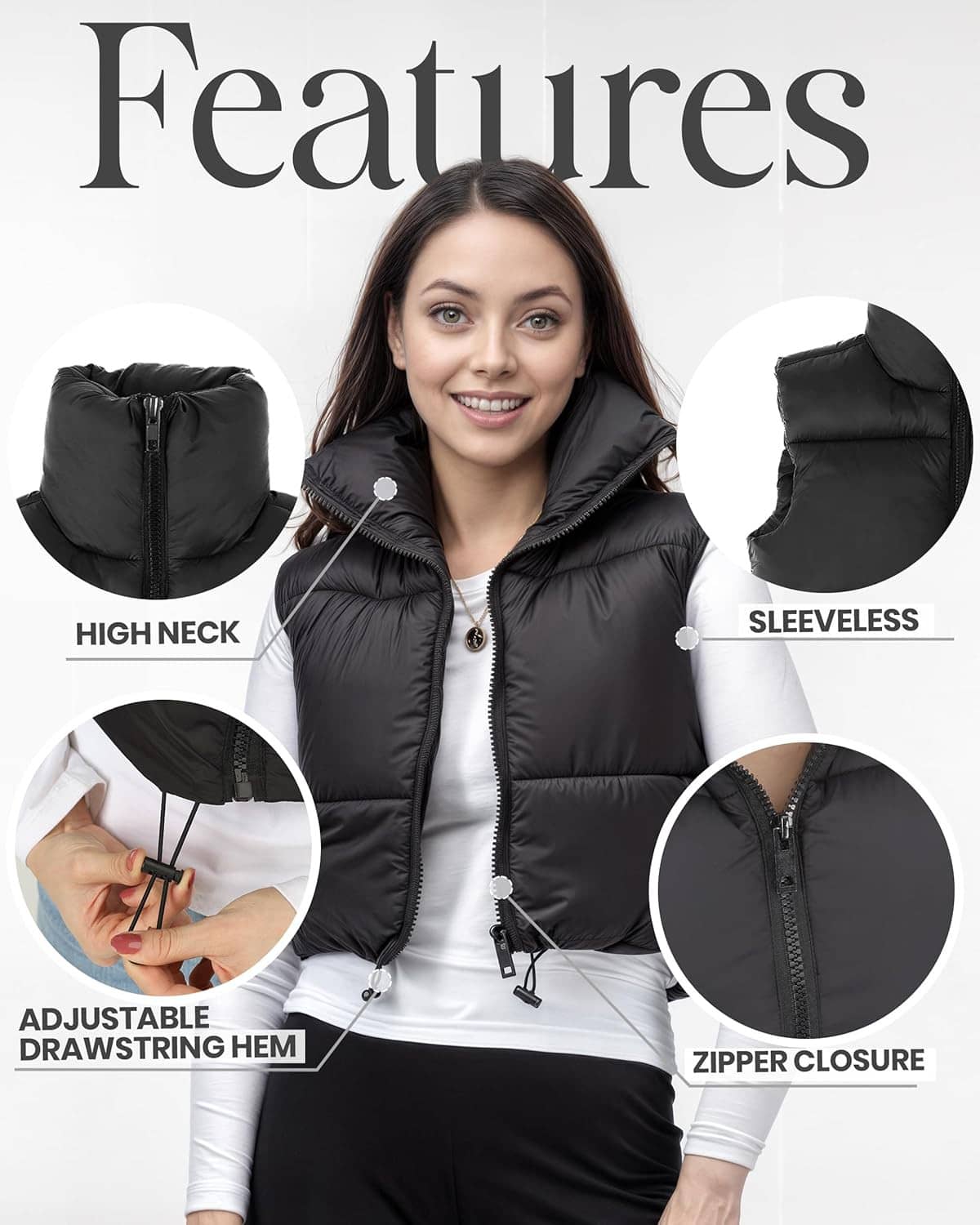 Women's black puffer vest with high stand collar, sleeveless cut, and zip closure.