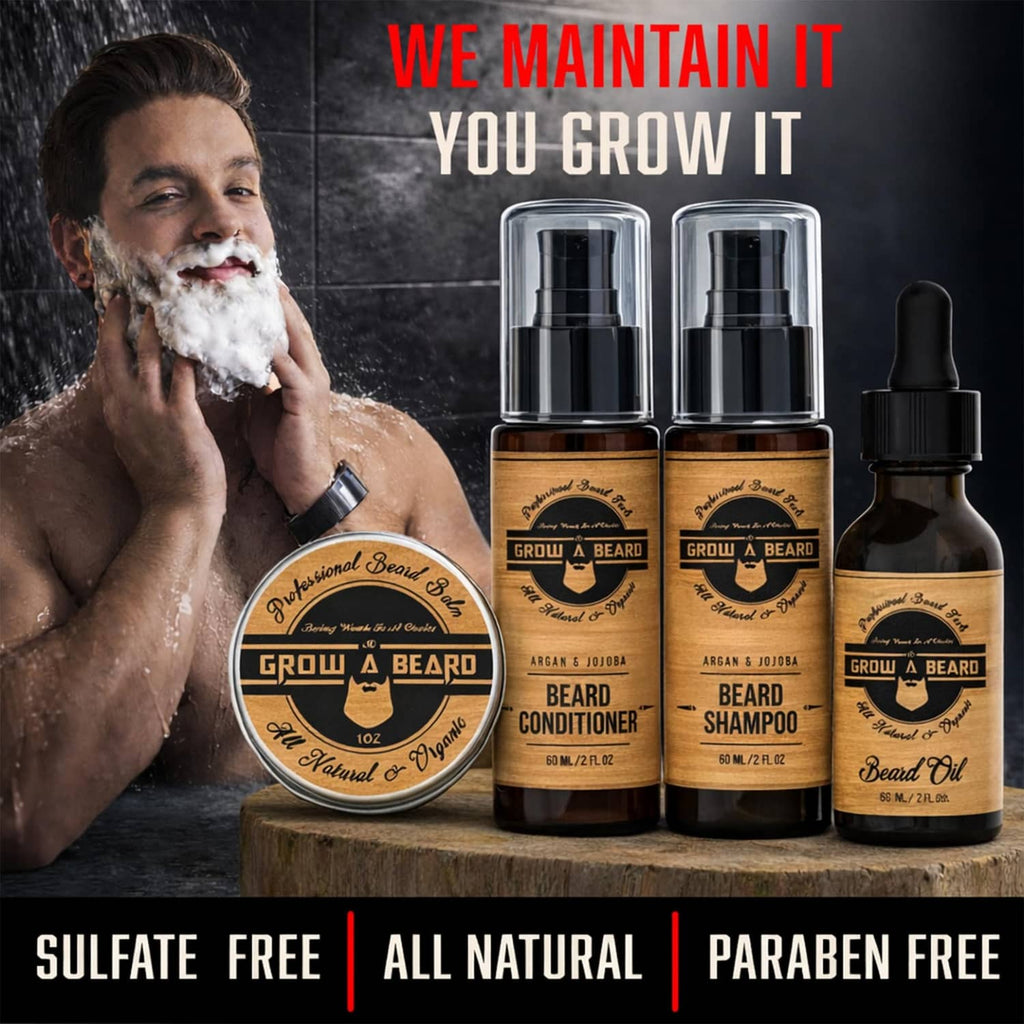 Beard care bottles and conditioner pump with beard oil dropper, set on rack