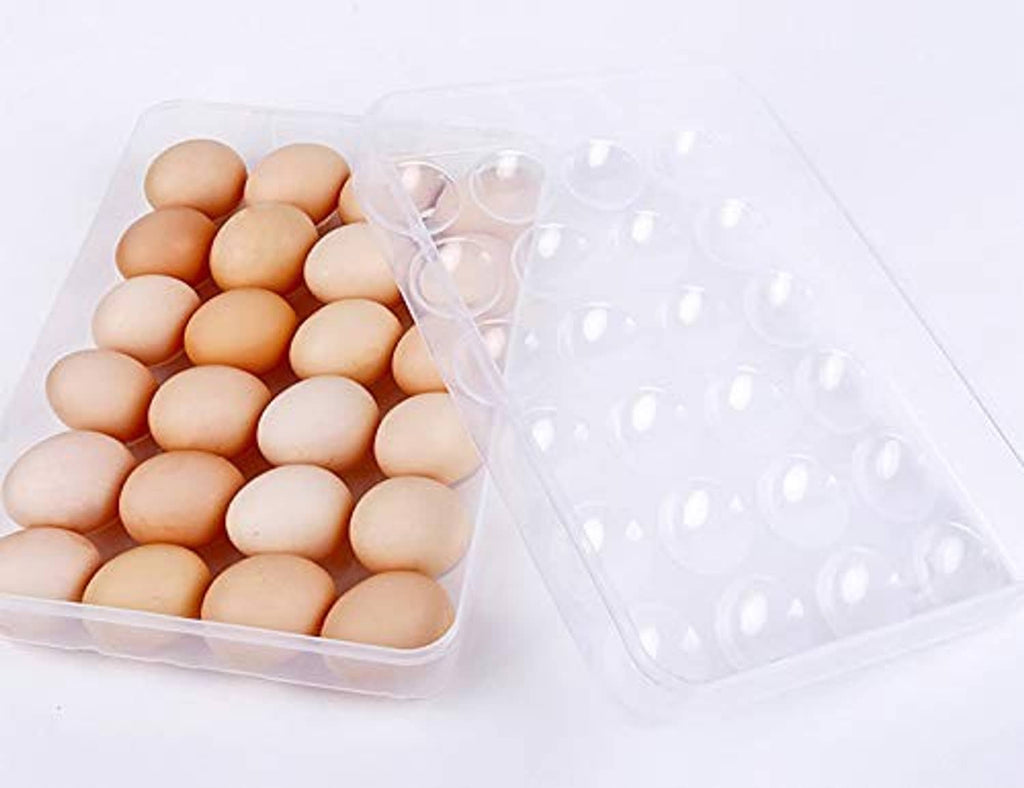 Clear plastic egg holder tray set with lids, brown eggs in one tray