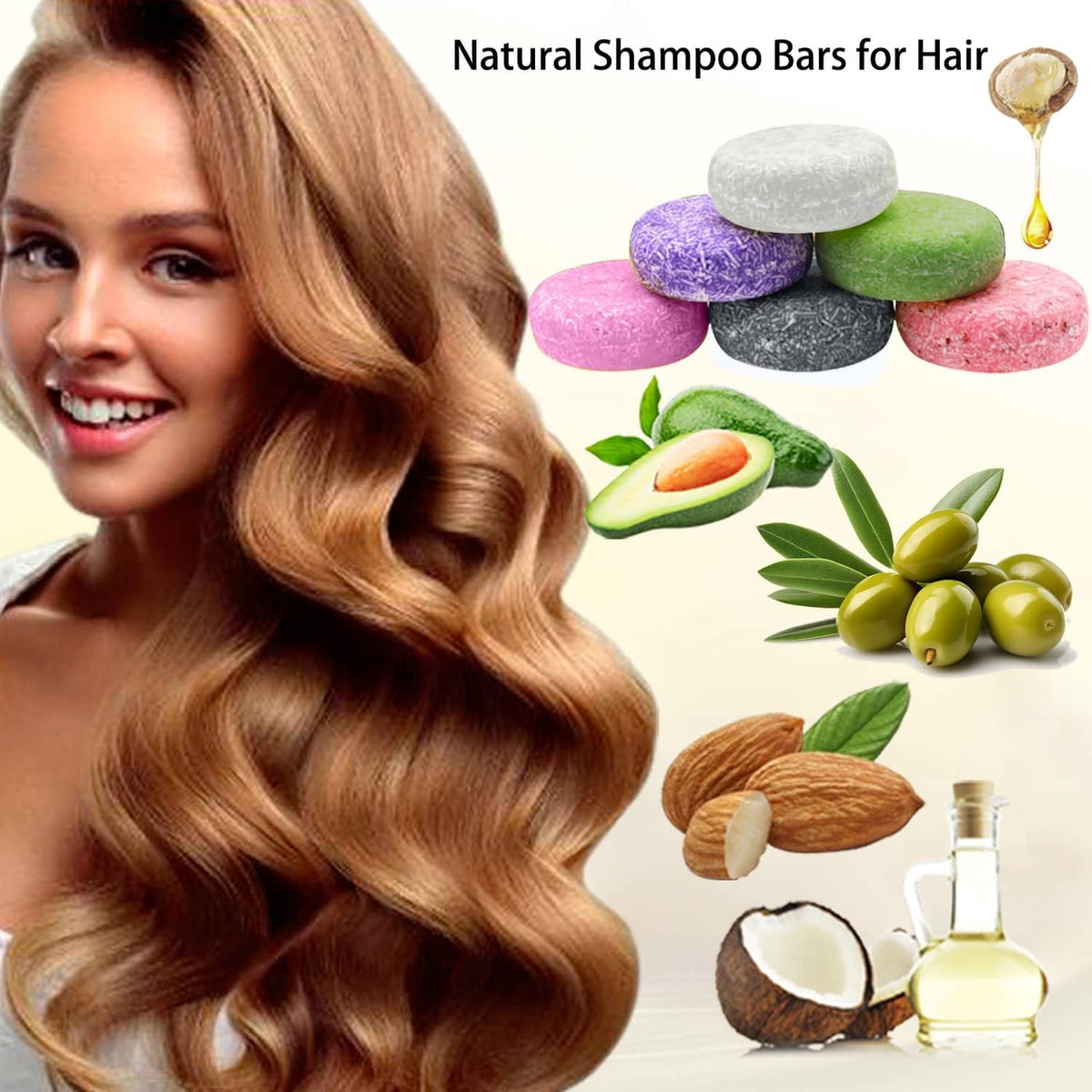 Assorted natural shampoo bar soaps in purple, green, pink, and gray with oils