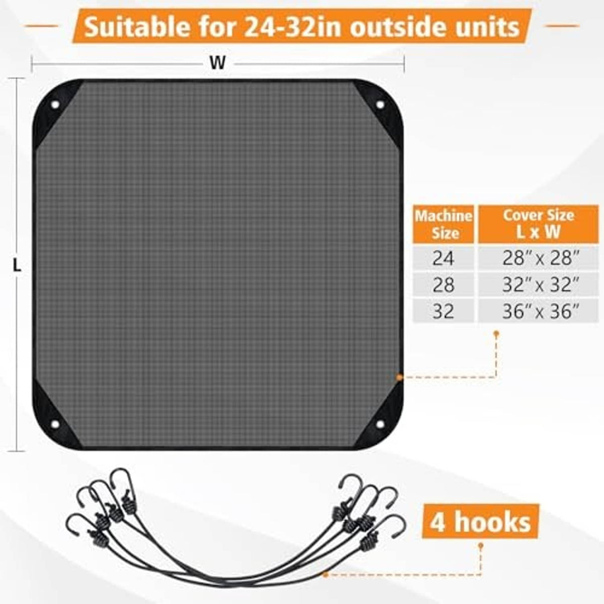 Square black air conditioner cover with corner grommets and size chart on panel