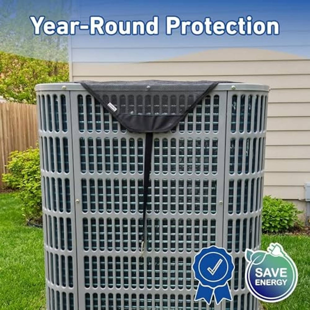 Outdoor AC condenser cover on outdoor unit with tied straps for weather protection