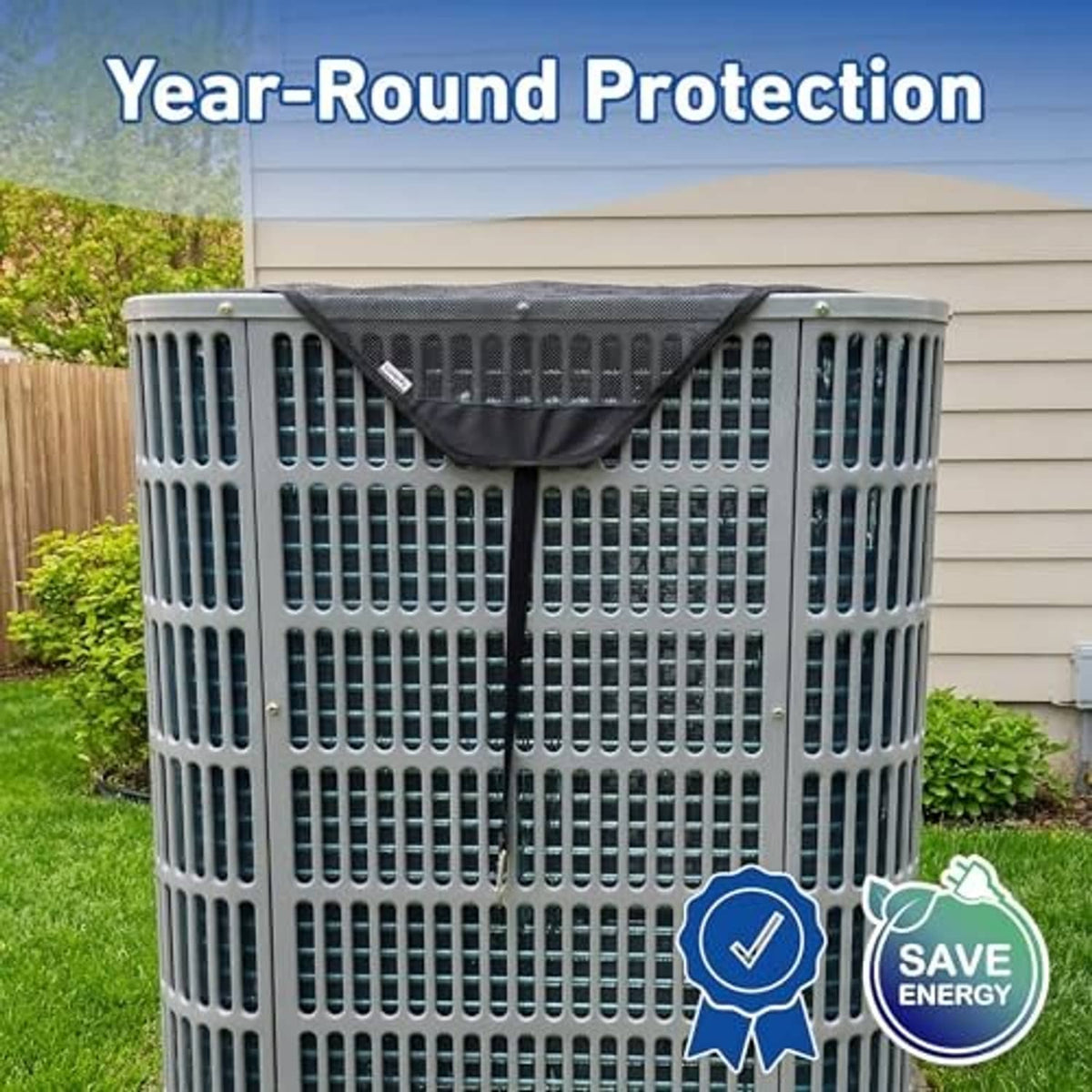 Outdoor AC condenser cover on outdoor unit with tied straps for weather protection