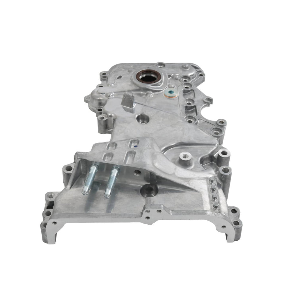 Timing cover oil pump housing with circular opening, side mounts, and silver metal body