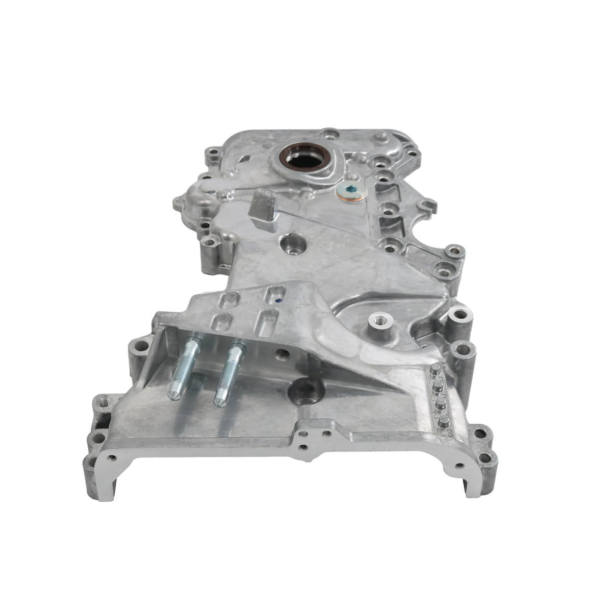 Timing cover oil pump housing with circular opening, side mounts, and silver metal body
