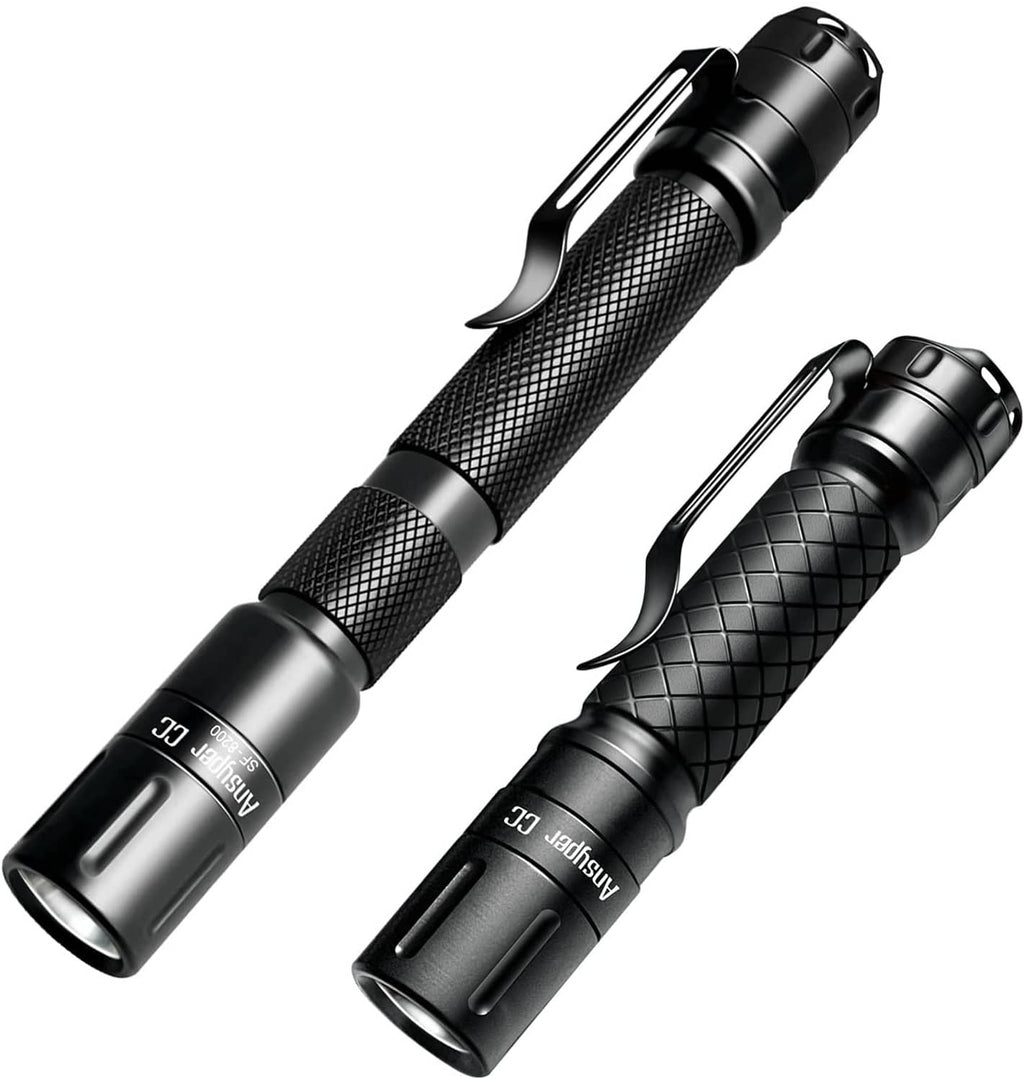 Tactical LED mini flashlight pen, black textured grip body with front lens and pocket clip, pair.