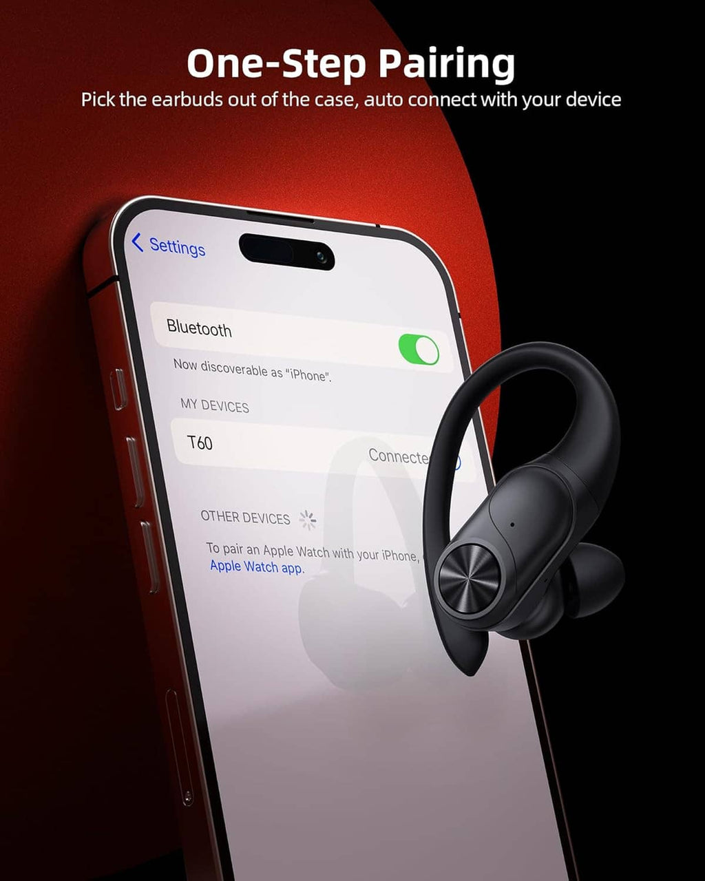 Black wireless earbuds next to a smartphone showing Bluetooth pairing settings