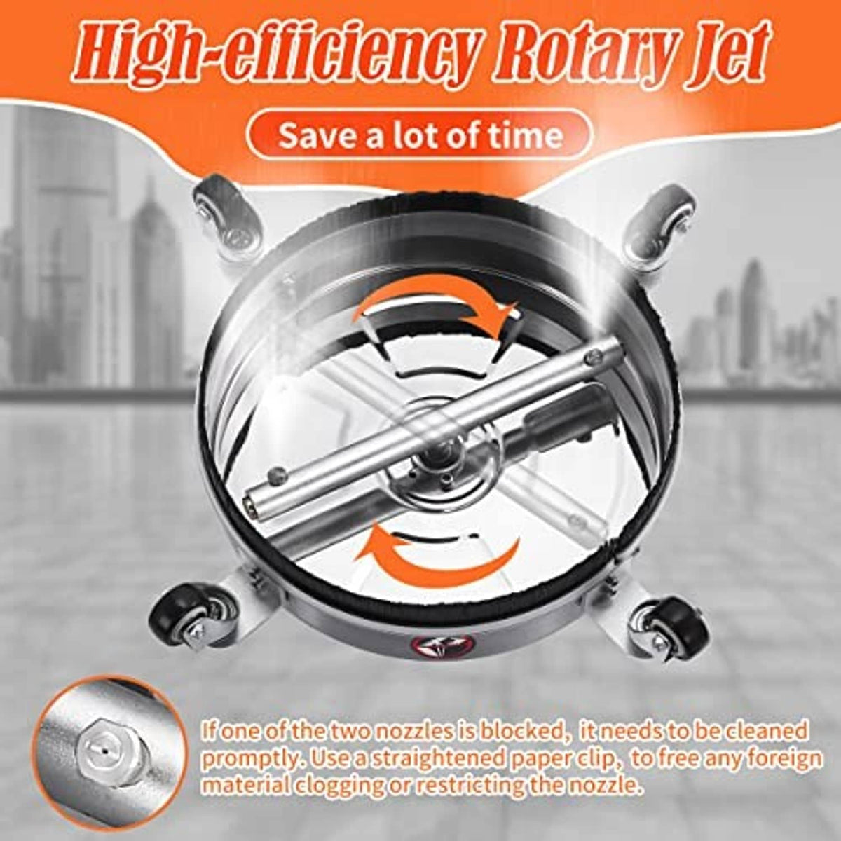 Rotary jet pressure washer surface cleaner attachment with rotating spray arms and skirt