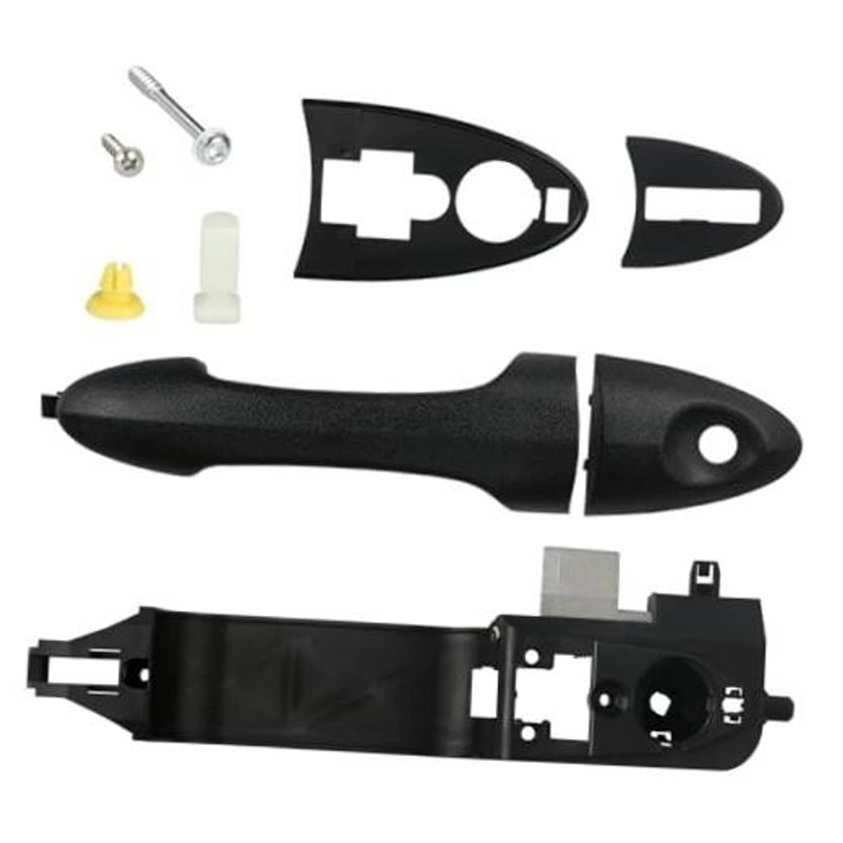 Exterior door handle kit with black handle, reinforcement plate, and mounting hardware