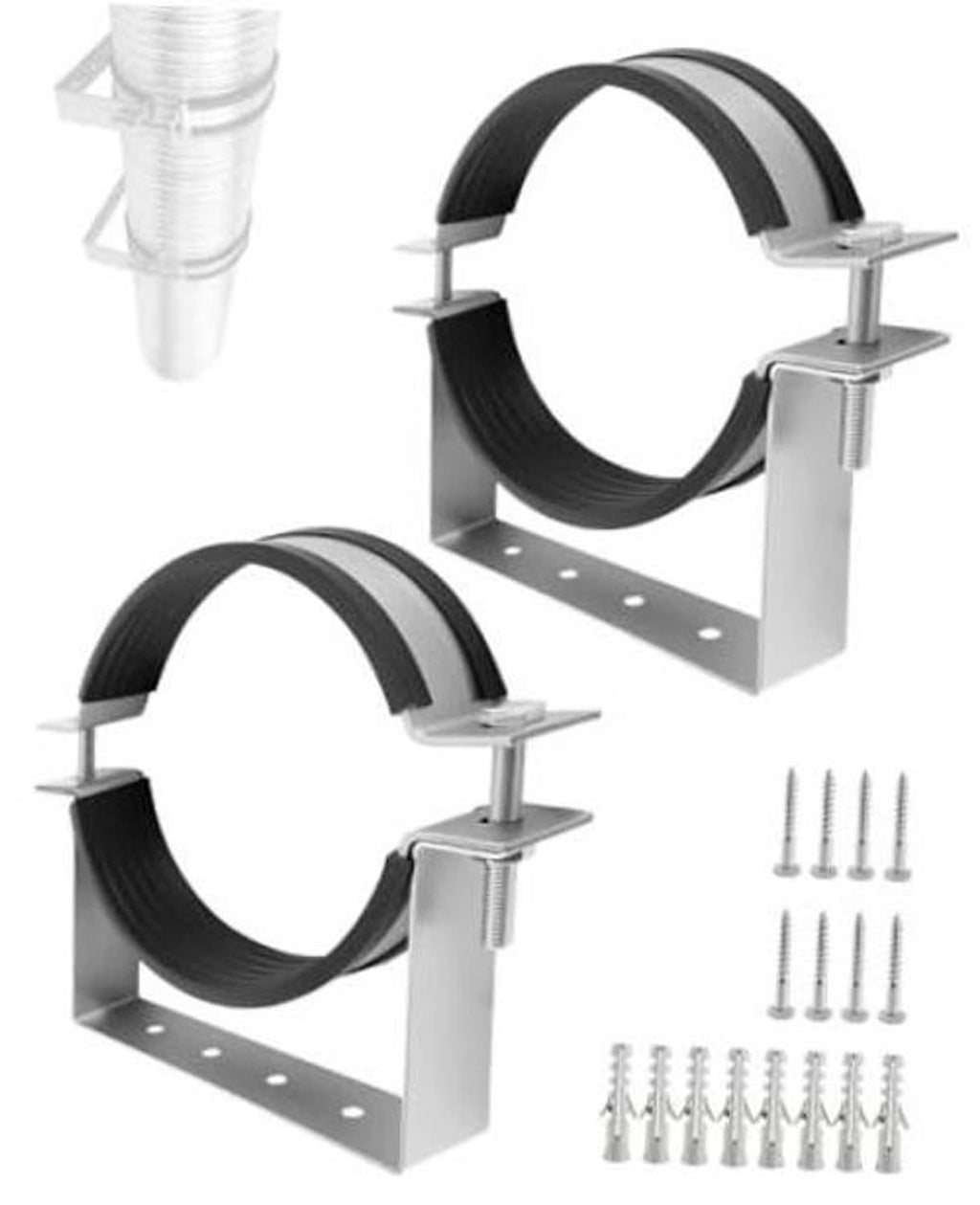 Stainless steel split ring pipe hanger with black strap and wall mounting base, screw kit