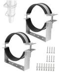 Stainless steel split ring pipe hanger with black strap and wall mounting base, screw kit