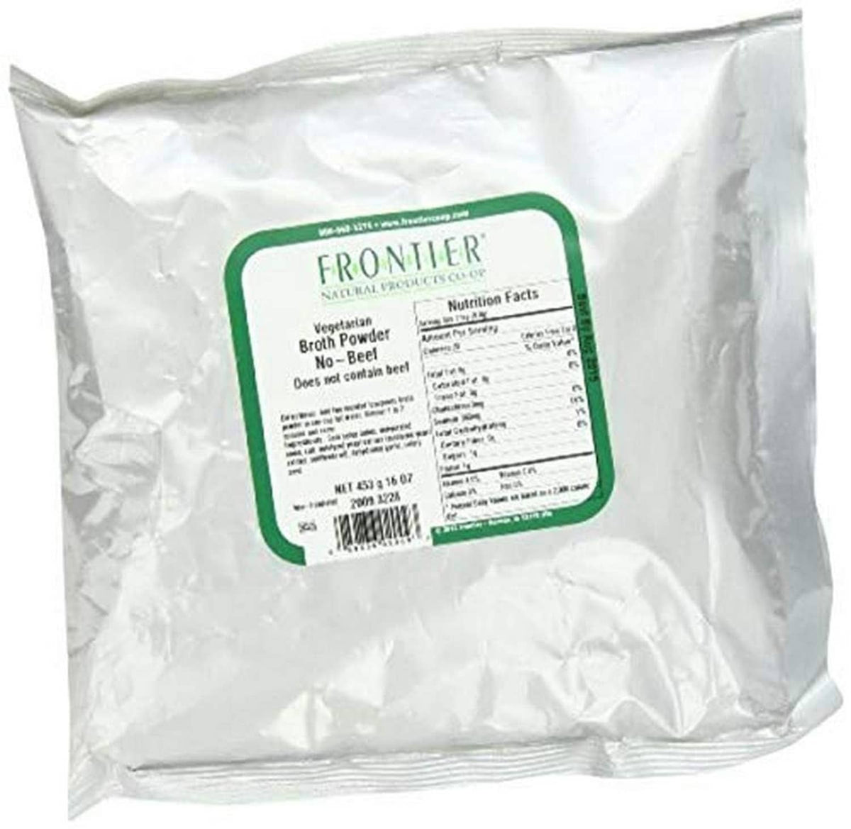 Vegetarian broth powder bulk bag with green label and nutrition facts