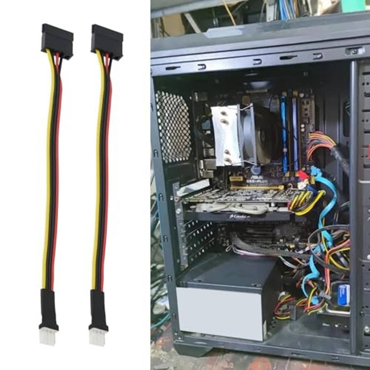 4-pin FDD male to 15-pin SATA female adapter cables connected inside a PC case