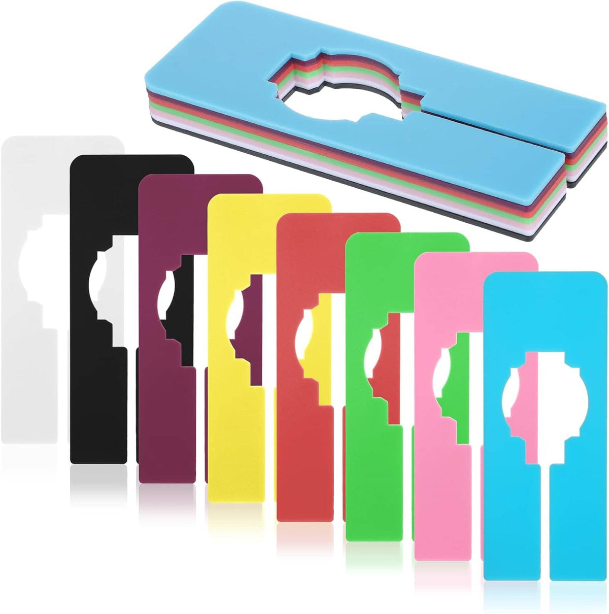 Colorful rectangular hanging closet dividers in an 8-pack, stacked with hanger cutouts