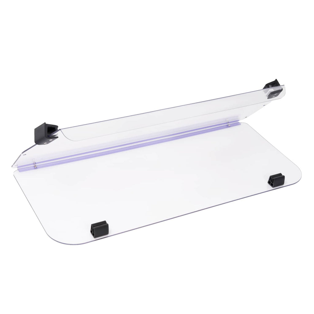 Clear vented windshield cover with black mounting caps and purple support bar