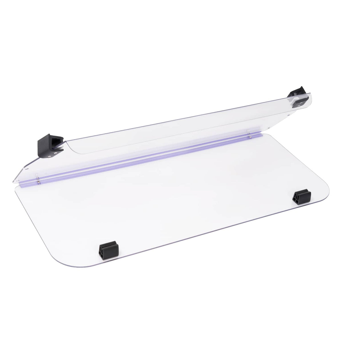 Clear vented windshield cover with black mounting caps and purple support bar
