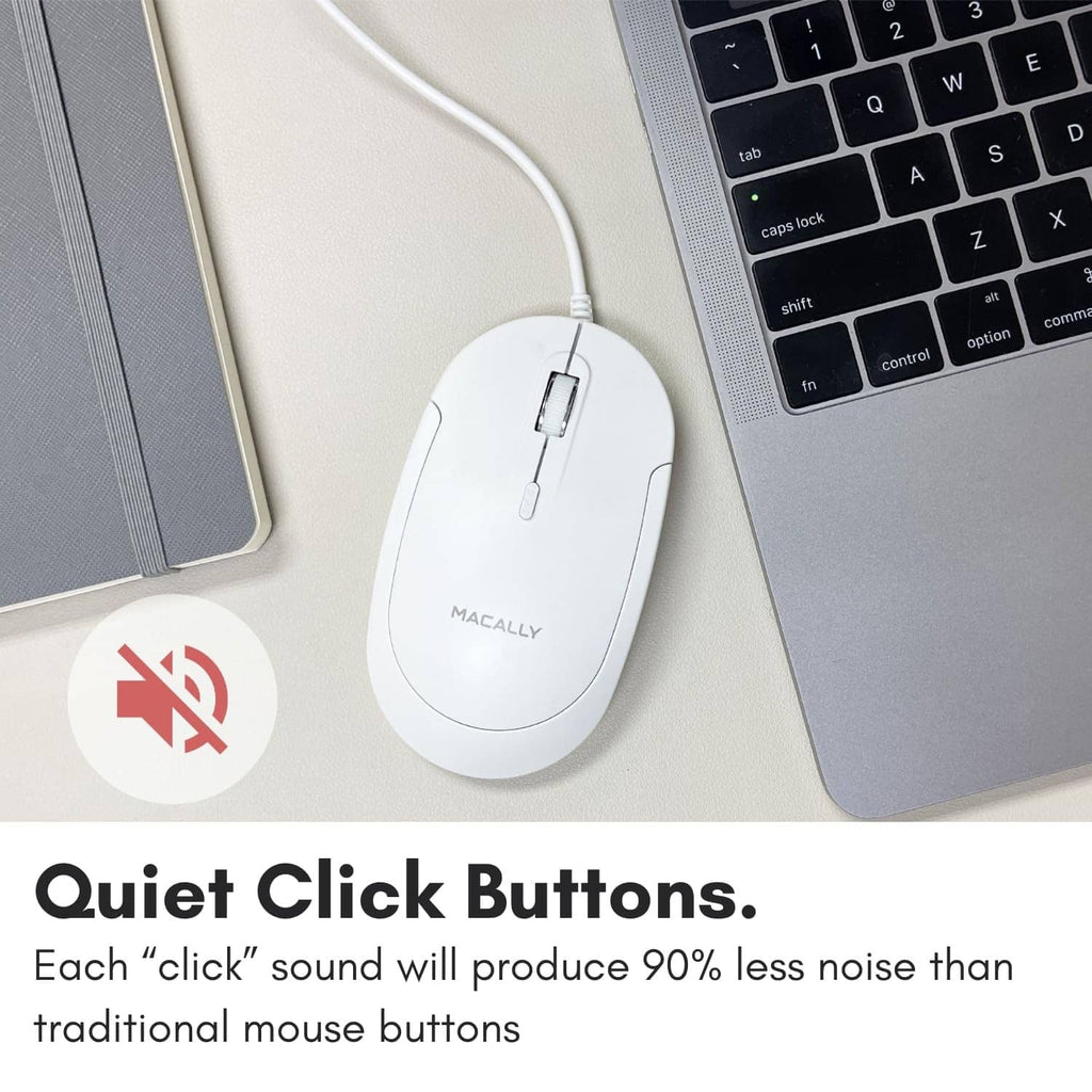 White wired optical mouse with USB-C cable, three-button layout, MACALLY logo