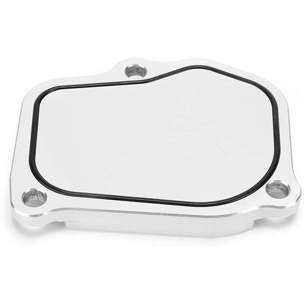 Billet timing cover plate with black gasket seal, front view, silver aluminum
