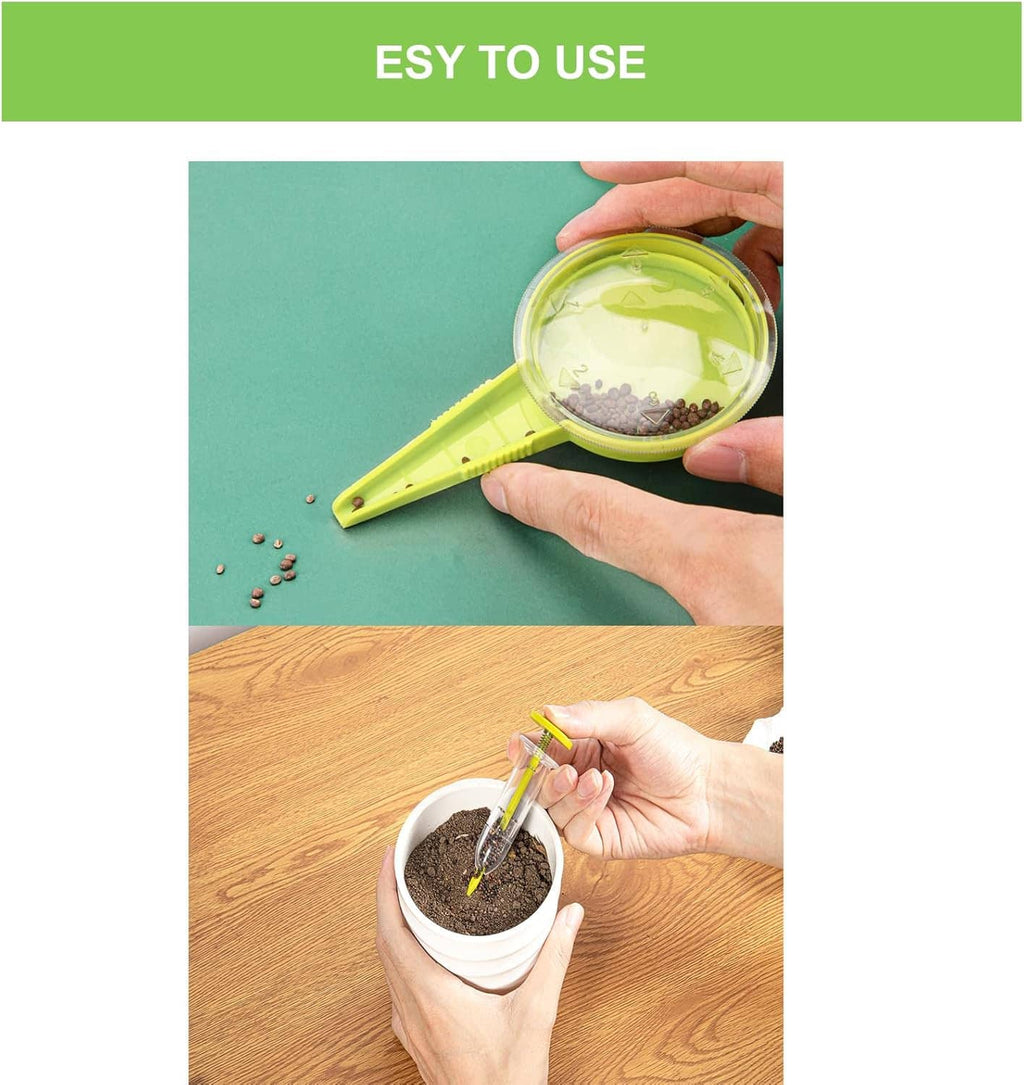 Mini handheld seed dispenser with green funnel scoop; hands filling and preparing seeds