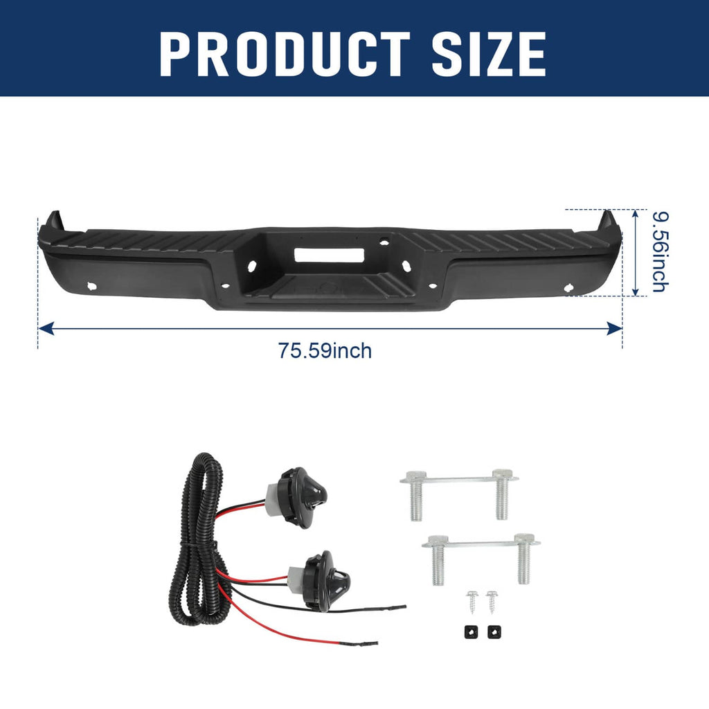 Black rear step bumper with textured surface, center opening, and mounting slots