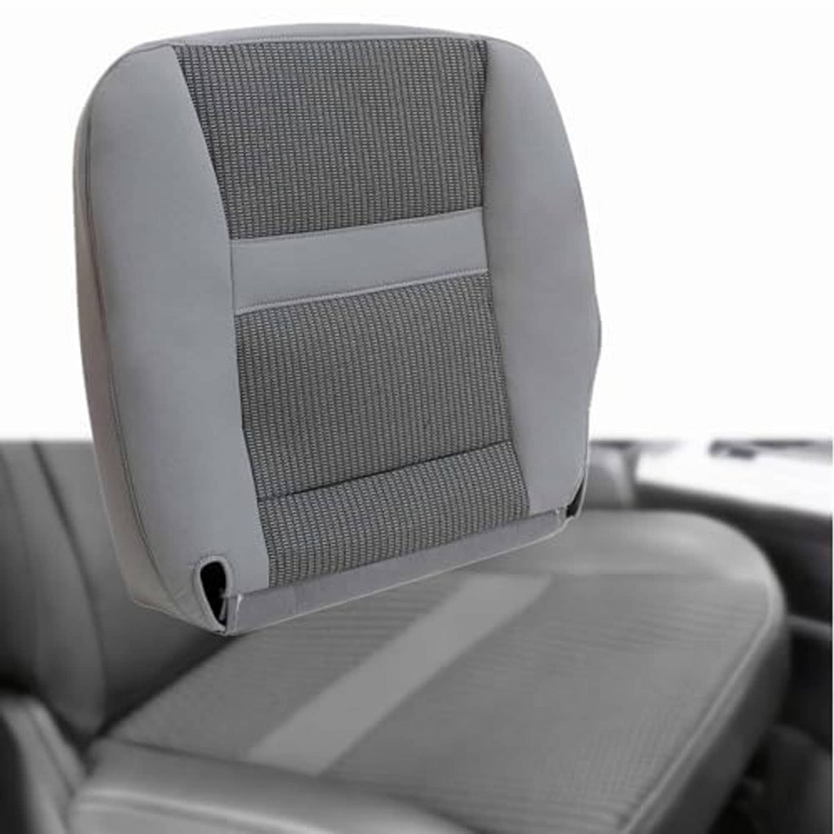Gray front driver side seat cover featuring perforated fabric inserts and padded edges.