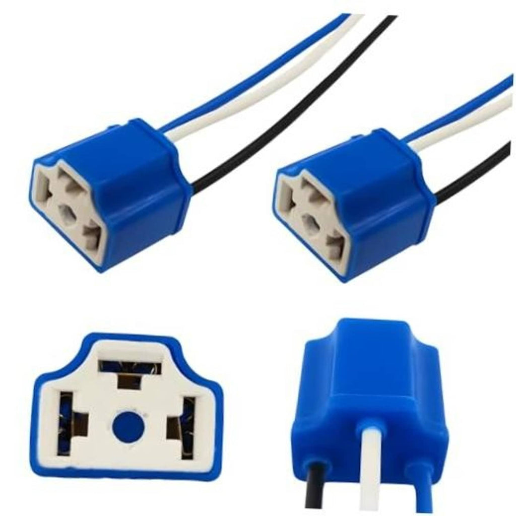 Blue H4 female headlight connector pigtail with attached two-wire leads