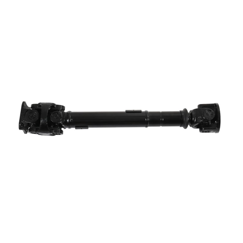 Front drive shaft assembly with U-joints and end yokes, centered long view.